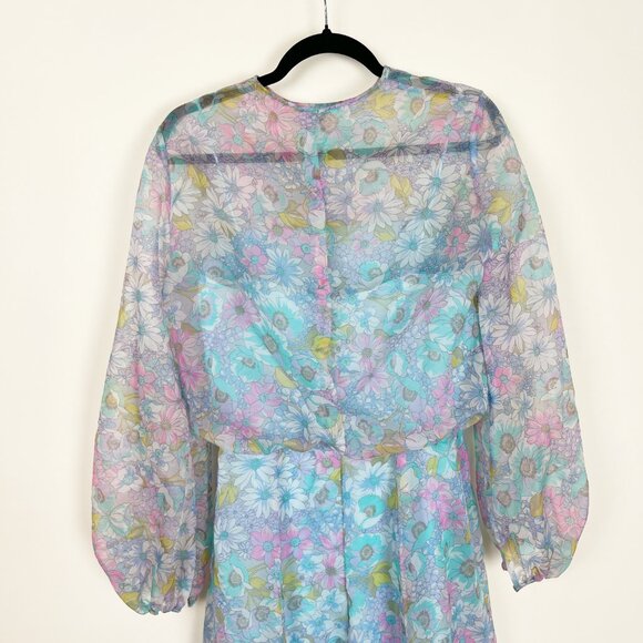 Vintage 70s Handmade Floral Gown Long Poof Puff Sleeve Princess Maxi Dress 1970s - Picture 7 of 8